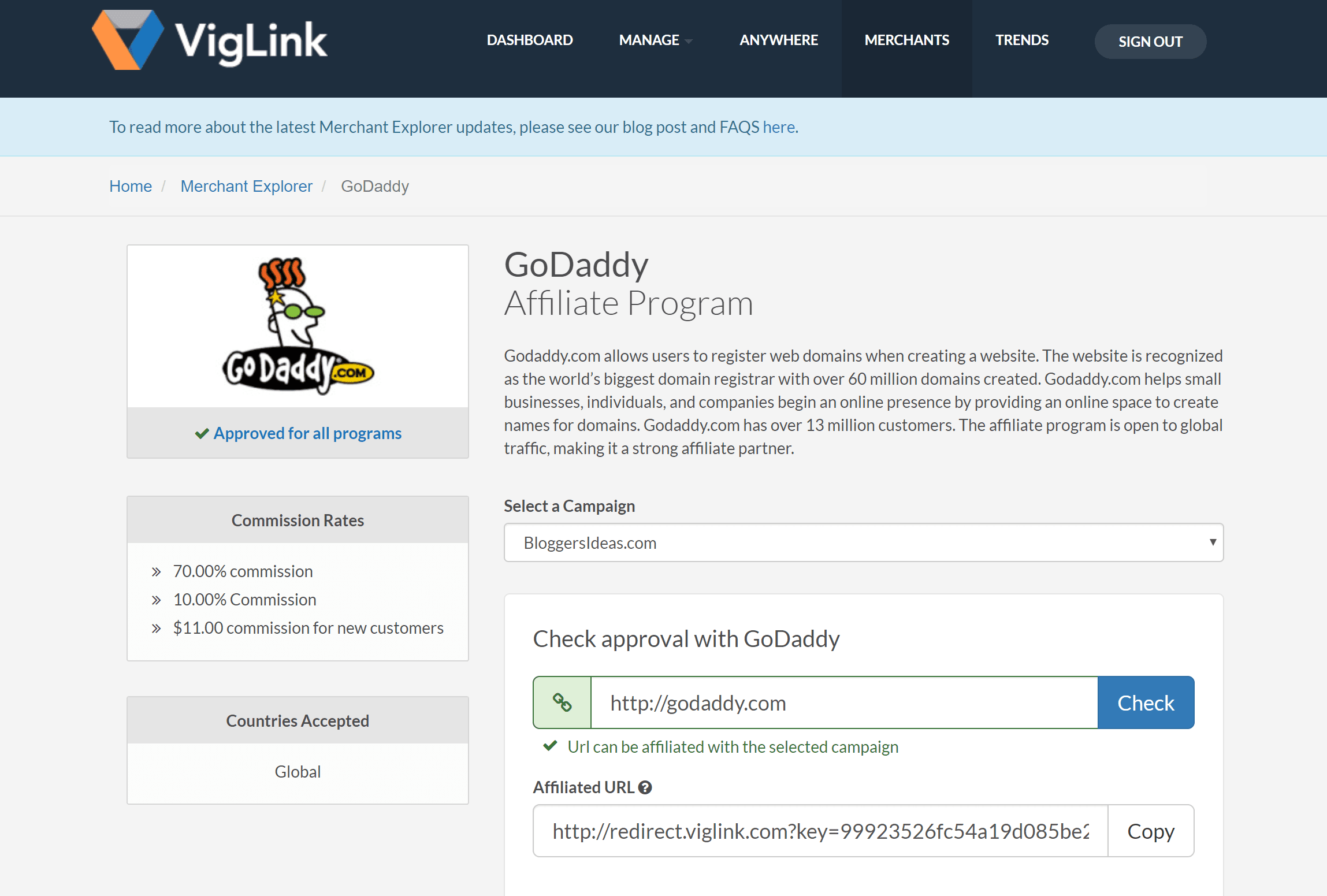 Viglink Dashboard Goddady Affiliate Program Link