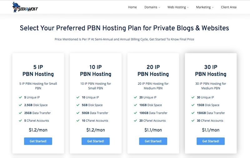 seekahost PBN Hosting pagpepresyo- PBN Hosting Provider