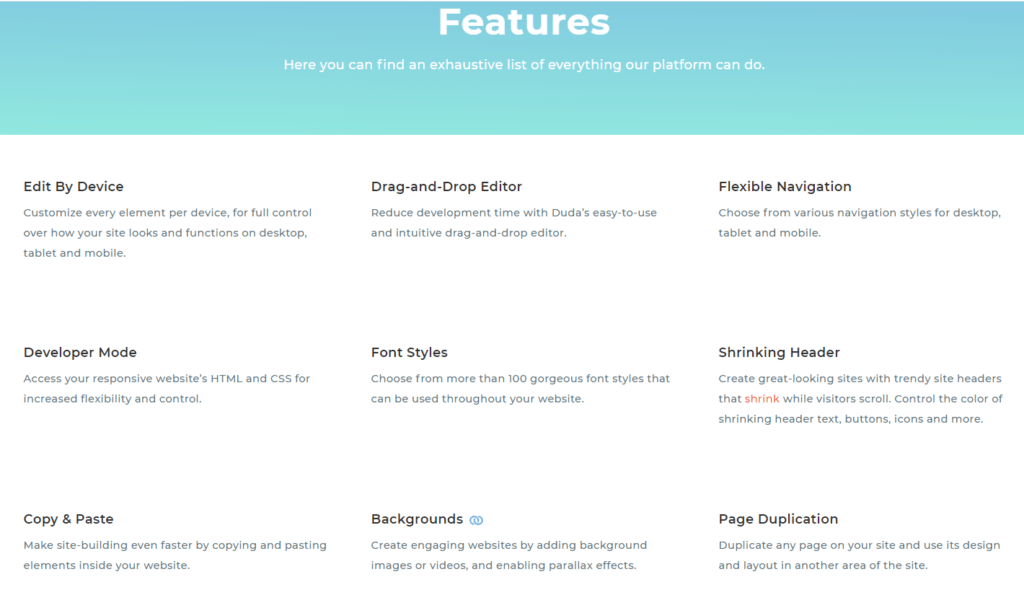 Funciones de Webflow frente a Webnode frente a Duda