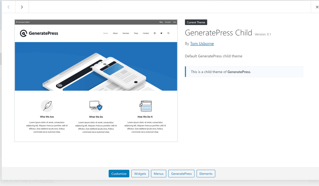 GeneratePress child theme features