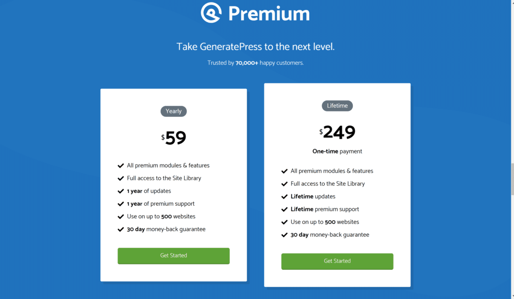 Planos de preços premium GeneratePress – GP Premium vs grátis