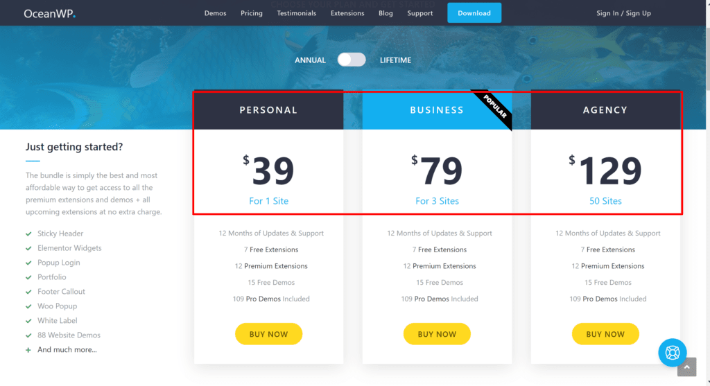 Ocean WP Pricing comparison vs GeneratePress