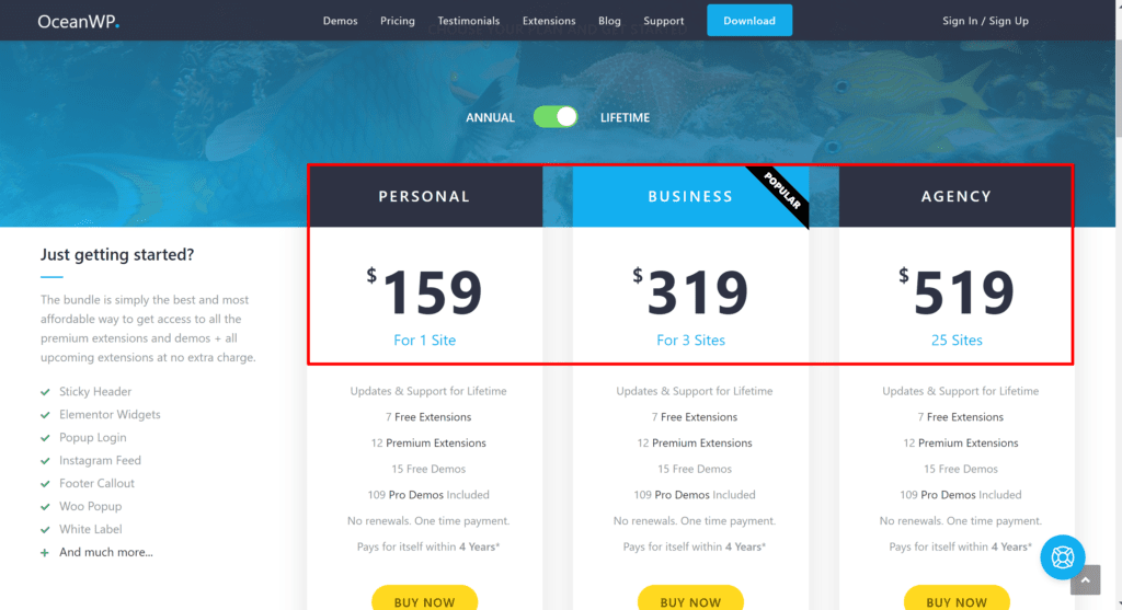 oceanWP lifetime pricing plans