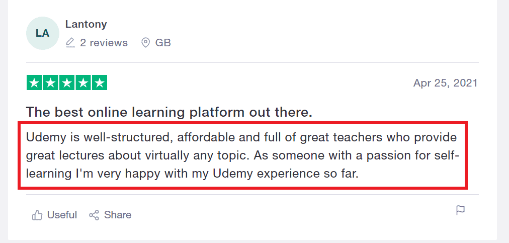udemy customer review