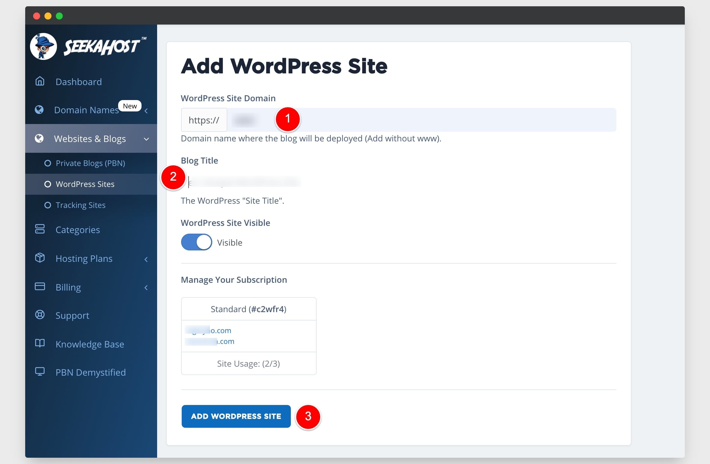 aggiungi il pannello seekahost del sito wordpress