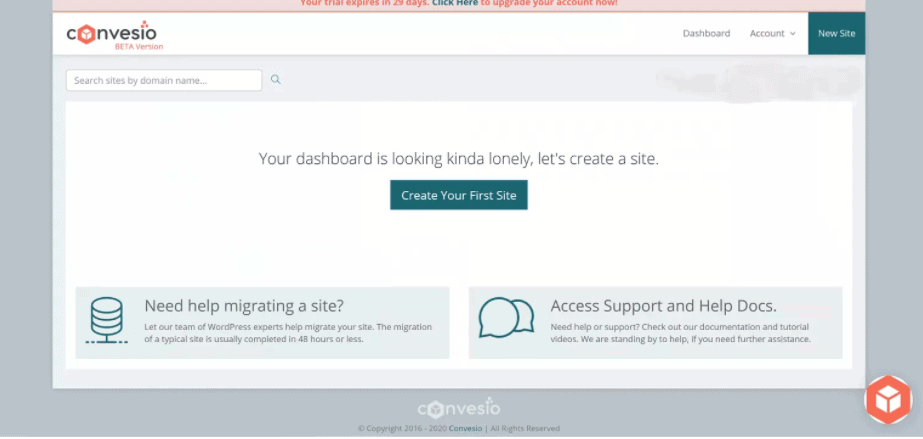 Convesio hosting dashboard- best wordpress hosting convesio