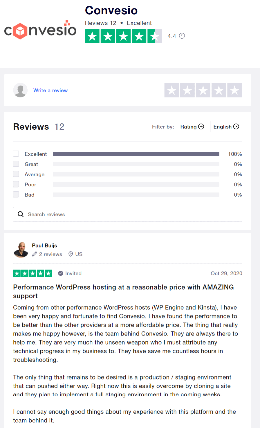 Convesio hosting reviews on Trustpilot