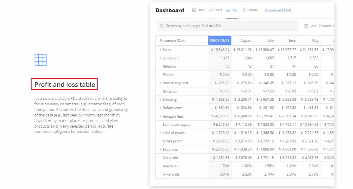 Funzione della tabella profitti e perdite di Sellerboard