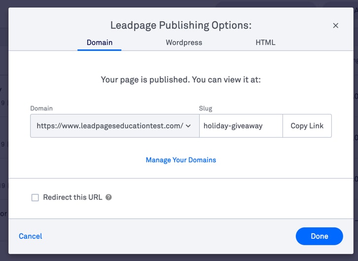Landing page publishing options