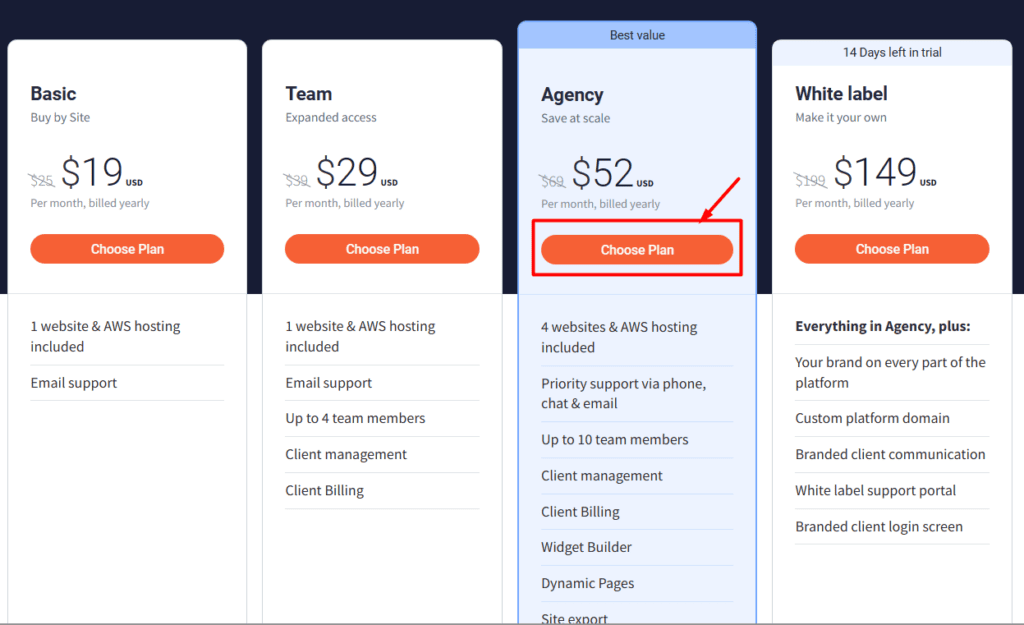 Sélectionnez le plan tarifaire Duda