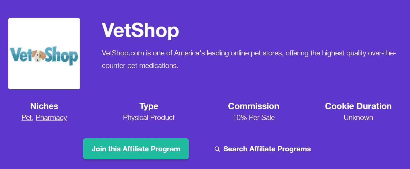 VetShop Pet Affiliate Programs