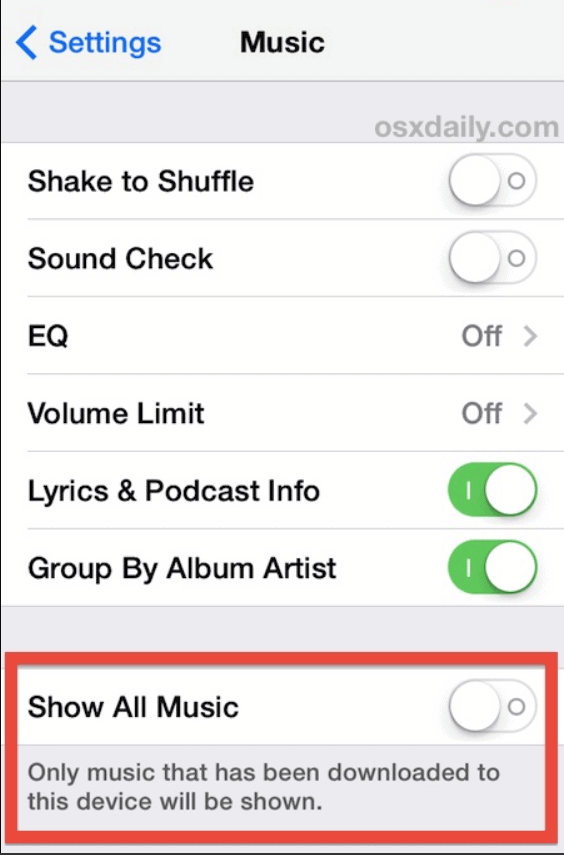 iPhone Settings - Show All Music