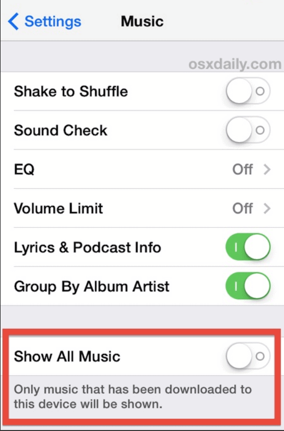 Setări iPhone - Afișați toată muzica