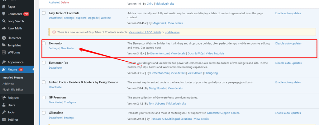 Deactivate Elementor pro