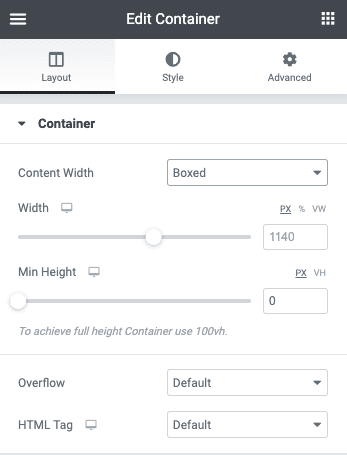 change layout settings in elementor