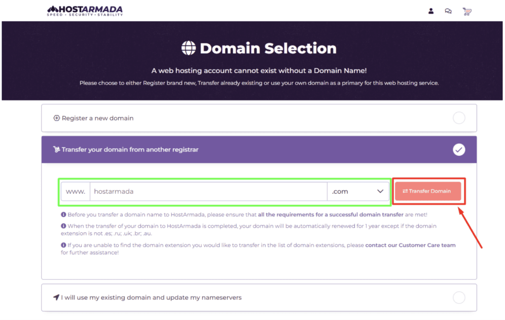 Registration or transfer of a domain